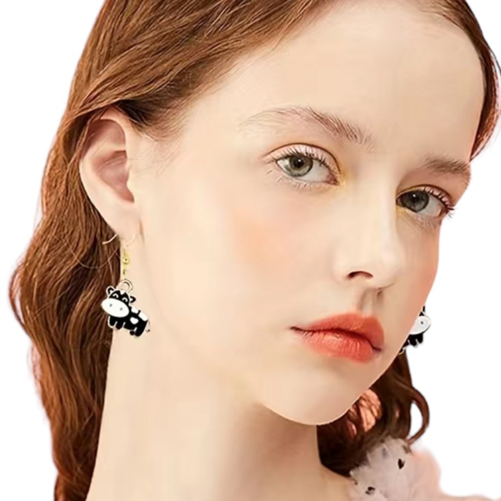 Metal Black and White Cow Design Drop Earrings
